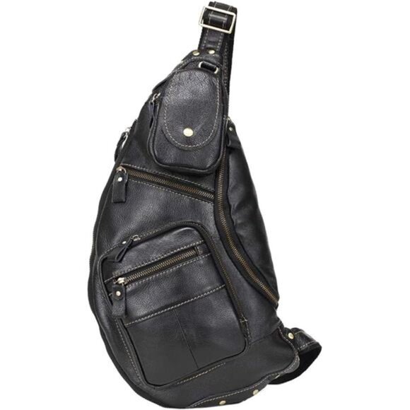 NEW Black Leather Genuine Cowhide Leather Sling Crossbody Bag - Picture 1 of 6